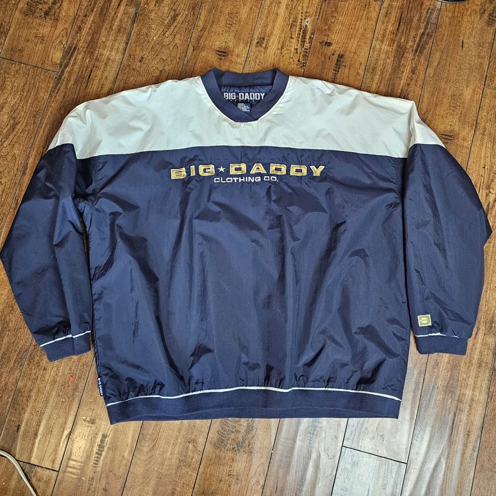 Big Daddy Clothing Co Vintage Windbreaker Navy White Pullover Mens 2XL V-Neck